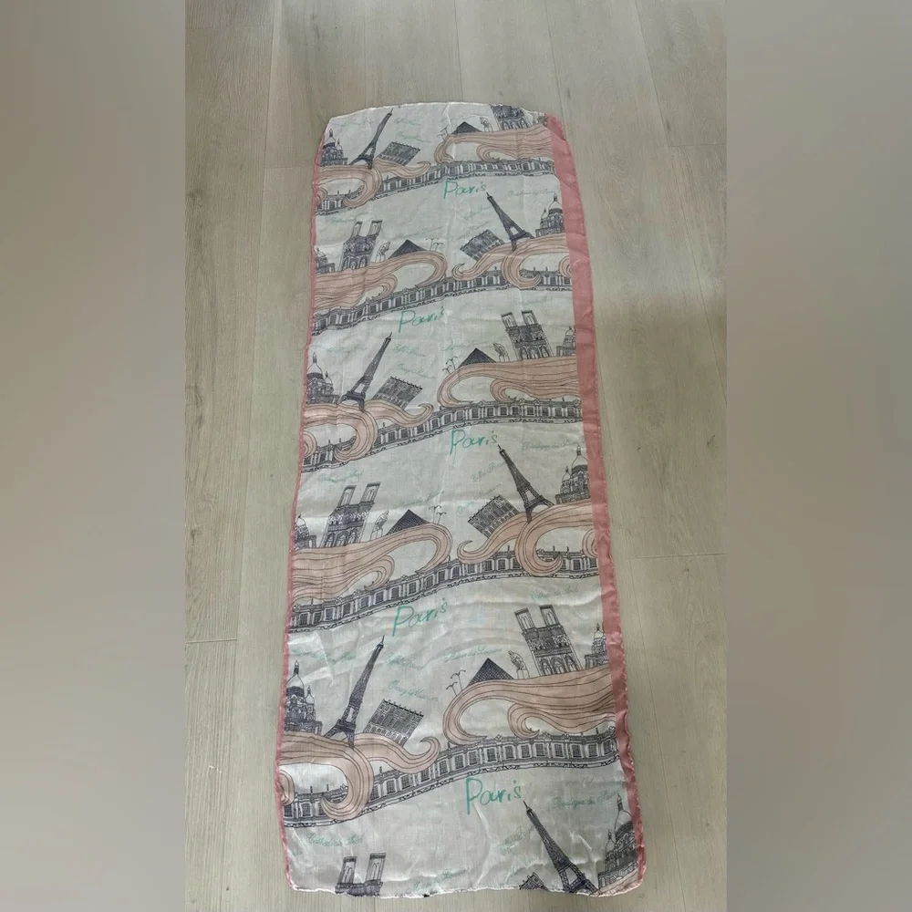Vintage decorative Paris-themed scarf French-inspired White Pink Border 63